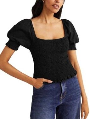 Boden Cropped Square Neck Smocked Jersey Top Black Short Sleeve 6 NEW